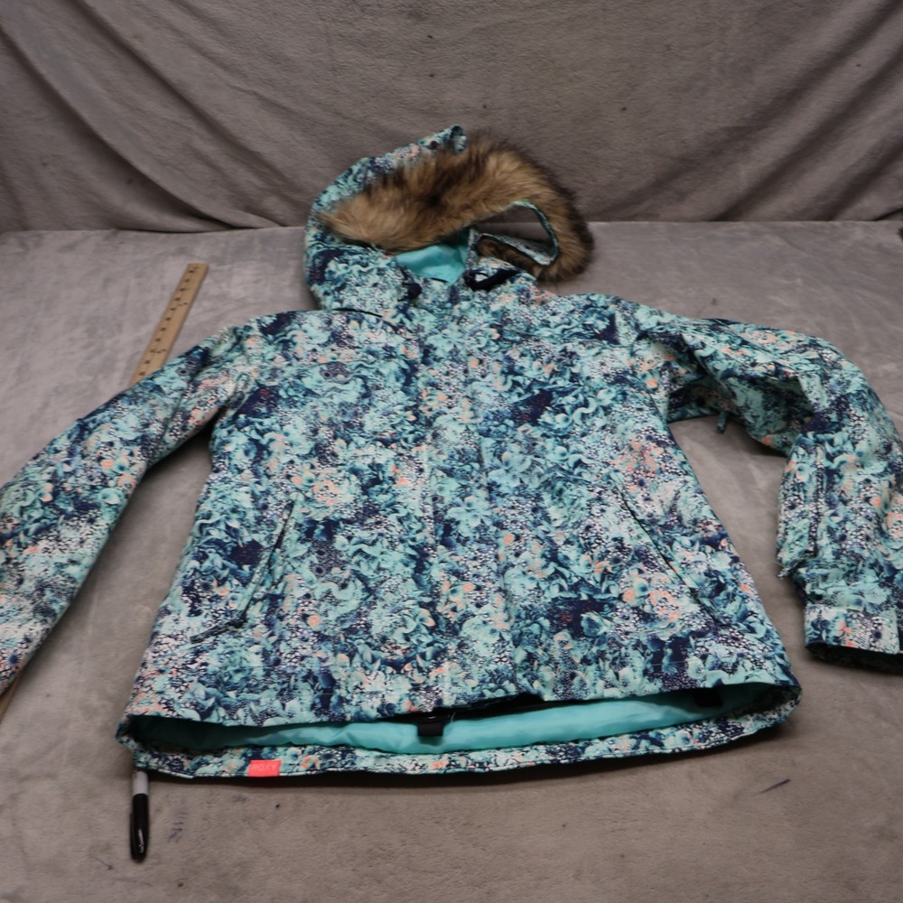 Roxy Jacket Womens XL Blue Floral Faux Fur Hood DryFlight Waterproof Full Zip